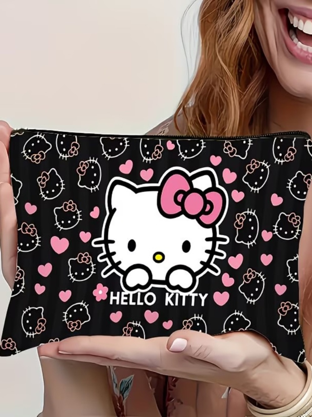 Hello Kitty Black Makeup Bag Hearts Cosmetic Pouch Sanrio